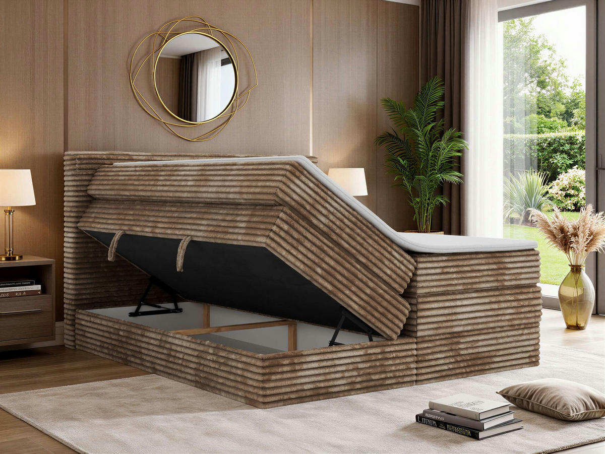 BOXSPRINGBETT TILION KING 140/200 - Braun Cord - Topper Visco - H3 - Schwarz/Braun, Kunststoff/Textil (140/200cm) - MKS