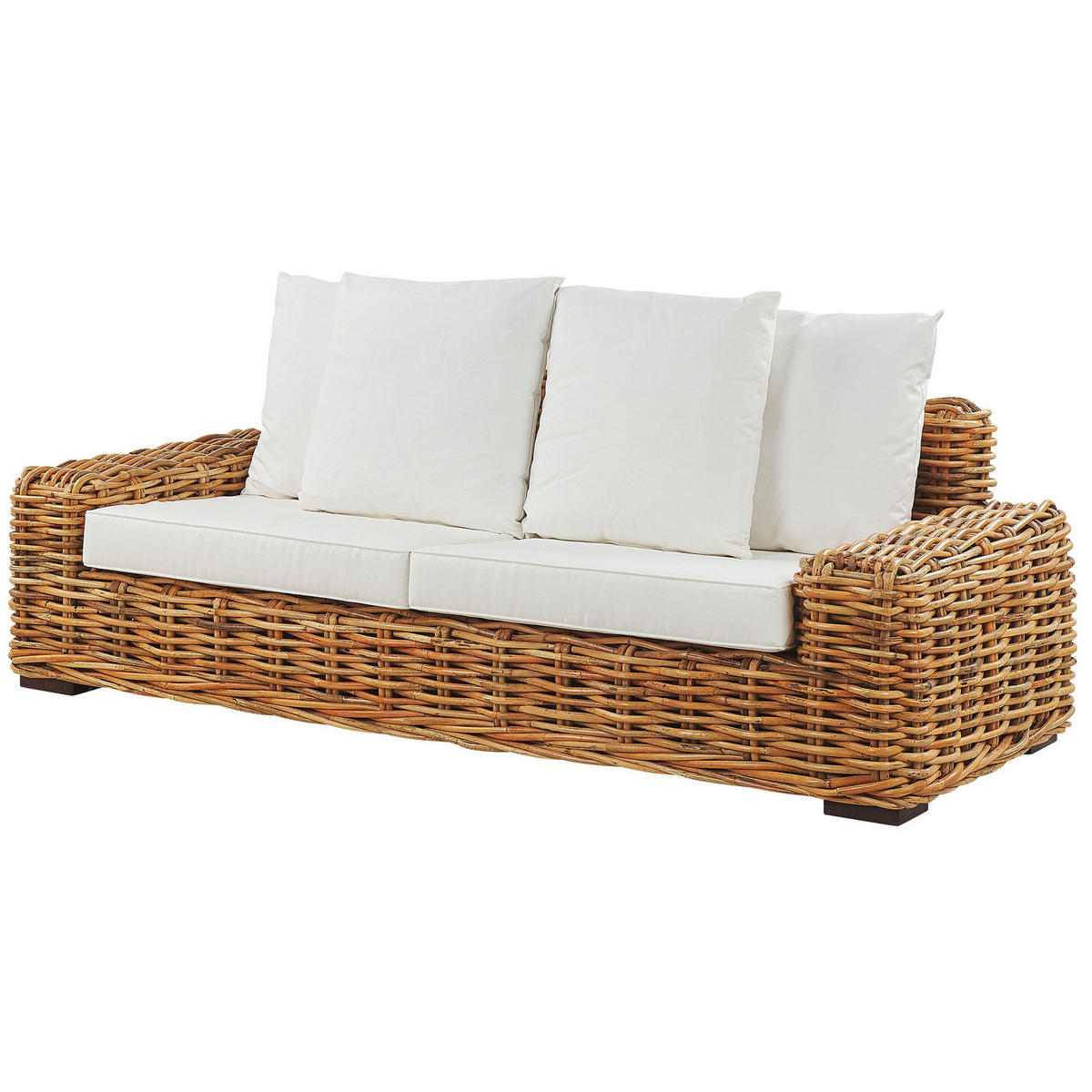 GARTENSOFA 3-Sitzer Rattan natürlich Auflagen cremeweiß Forli - Beige/Naturfarben, Naturmaterialien (218/67/94cm) - Beliani