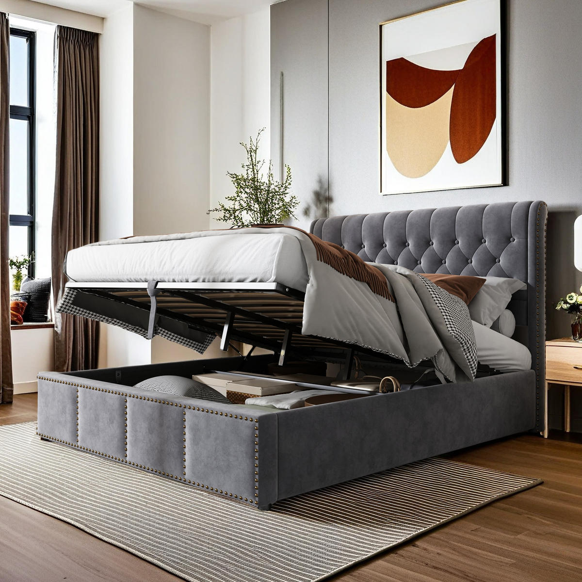 POLSTERBETT 160x200 Grau Samt Nietendekor höhenverstellbar - Grau, Metall (160/200cm) - SHOPENTRA