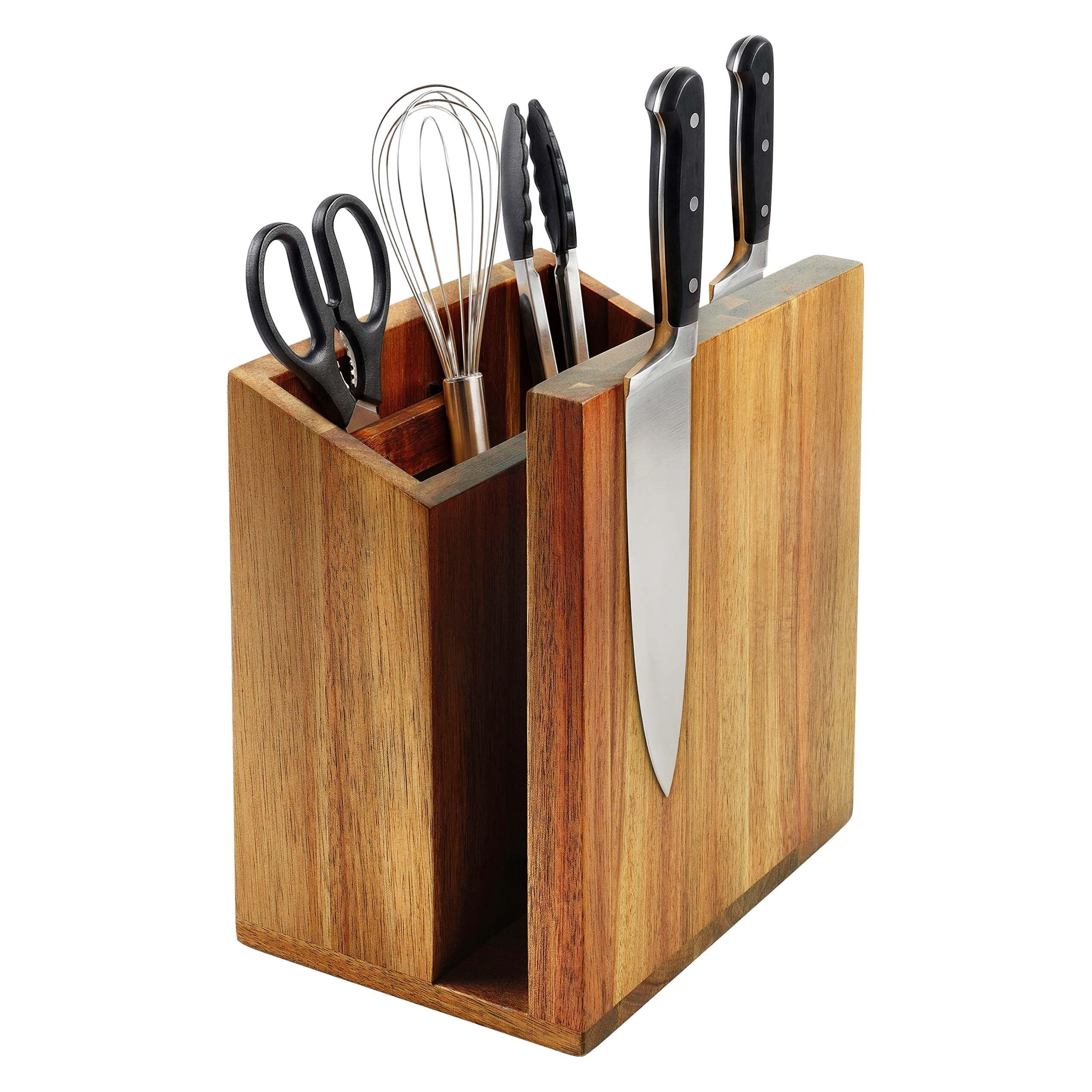 MESSERBLOCK Braun Akazienholz magnetisch mit Utensilienhalter 21,5 cm - Braun, Holz (19/21.5/13cm) - Relaxdays
