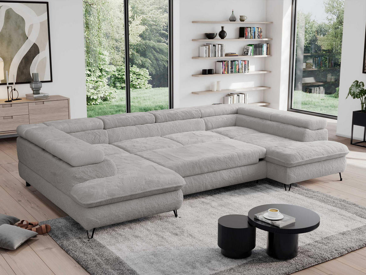 WOHNLANDSCHAFT PETER U Plüsch Hellgrau - Hellgrau/Schwarz, Textil/Metall (346/76/208cm) - MKS