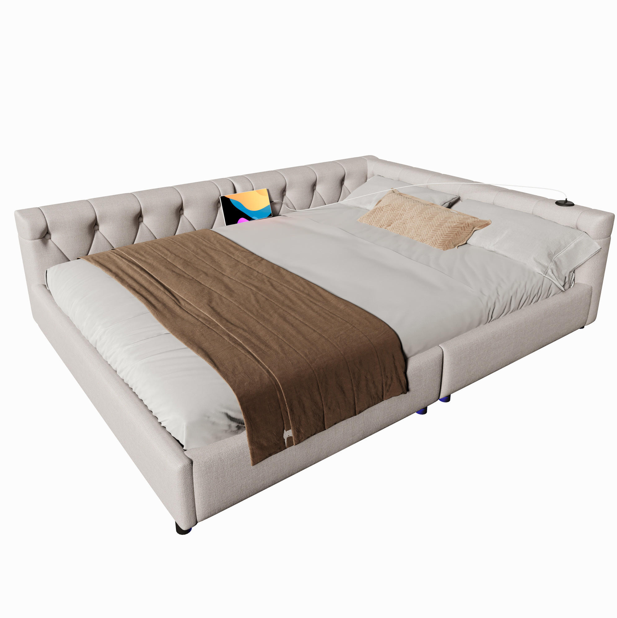 ČALÚNENÁ posteľ 140/200 cm z ľanu a MDF, béžová s LED osvetlením a USB - béžová, textil (140/200cm) - BEAOK