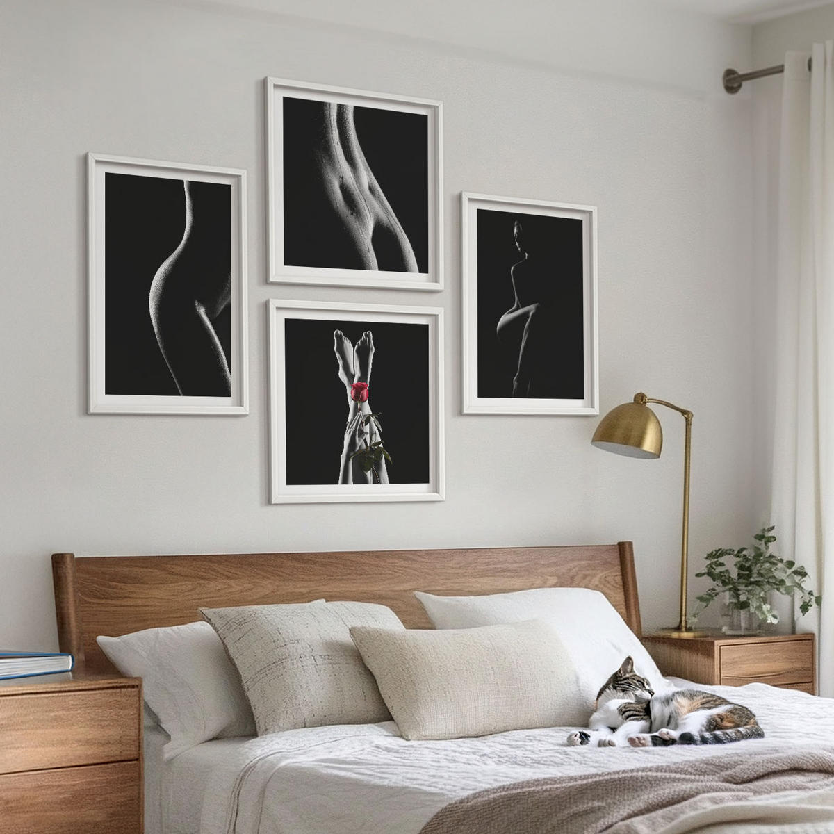 BILDER SET 4er Set - 50x50 cm & 40x60 cm Weißer Rahmen - Schwarze und weiße weibliche Formen - Weiß, Kunststoff (50/50cm) - TULUP