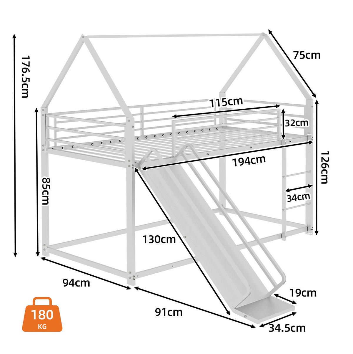 ETAGENBETT Hausdesign 90/190 cm Weiß mit Rutsche und Treppe - Weiß, Metall (90/190cm) - MIVRAY