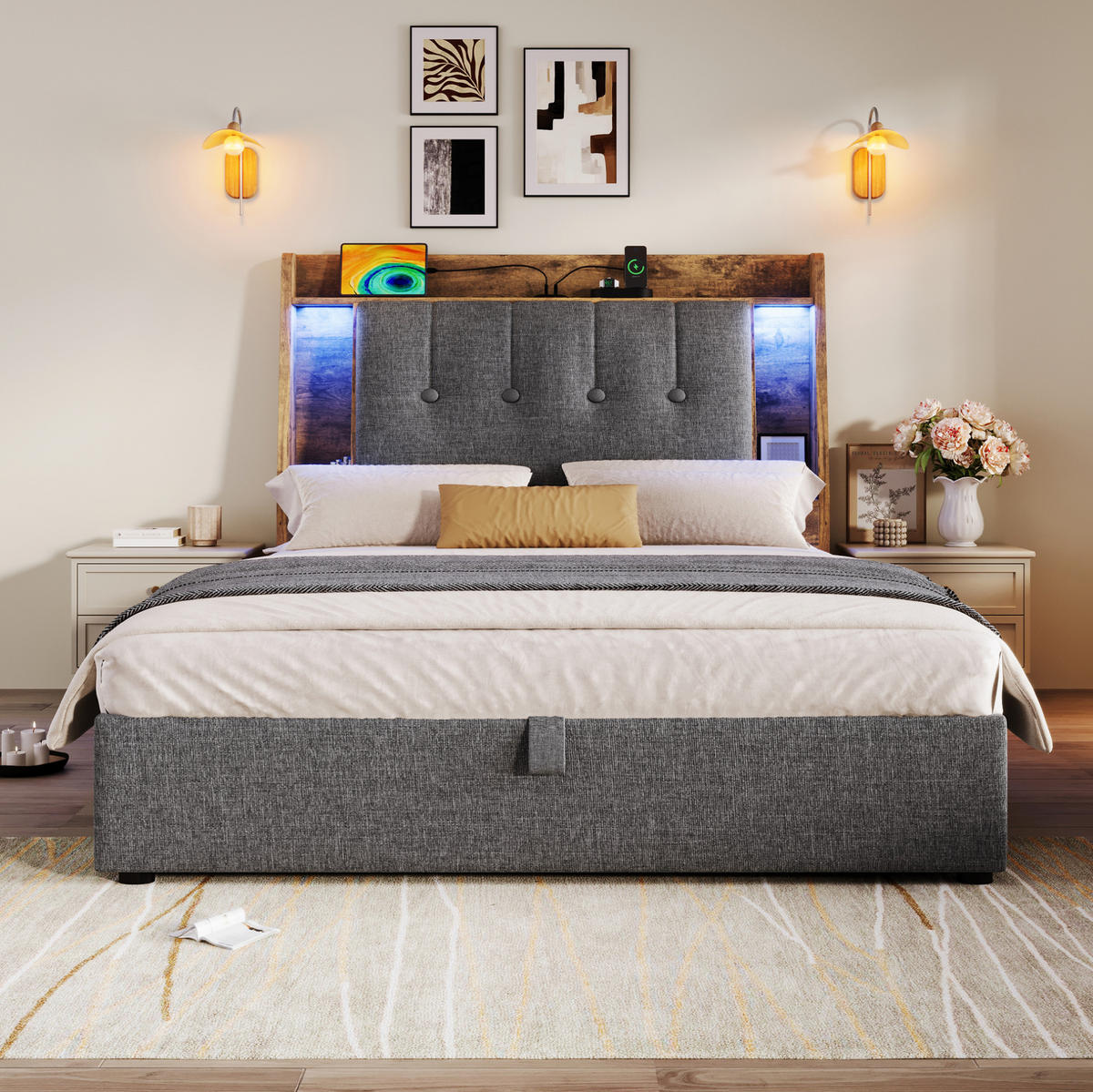 ČALÚNENÁ posteľ z ľanu a MDF 90x200 cm sivá s LED osvetlením, USB a Type-C portmi a úložným priestorom - sivá, textil (90/200cm) - Modfu