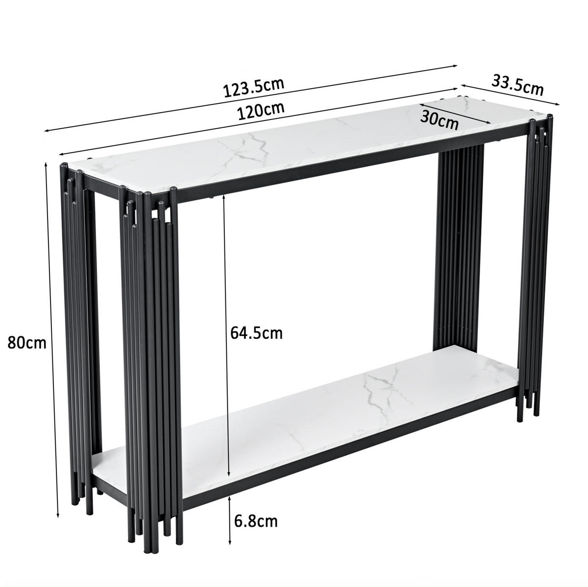 KONSOLENTISCH aus MDF 123x33x80 cm und Metall Schwarz/Weiß mit 2 Ablagen in Marmoroptik - Schwarz, Holzwerkstoff (123.5/33.5/80cm) - IVMEU