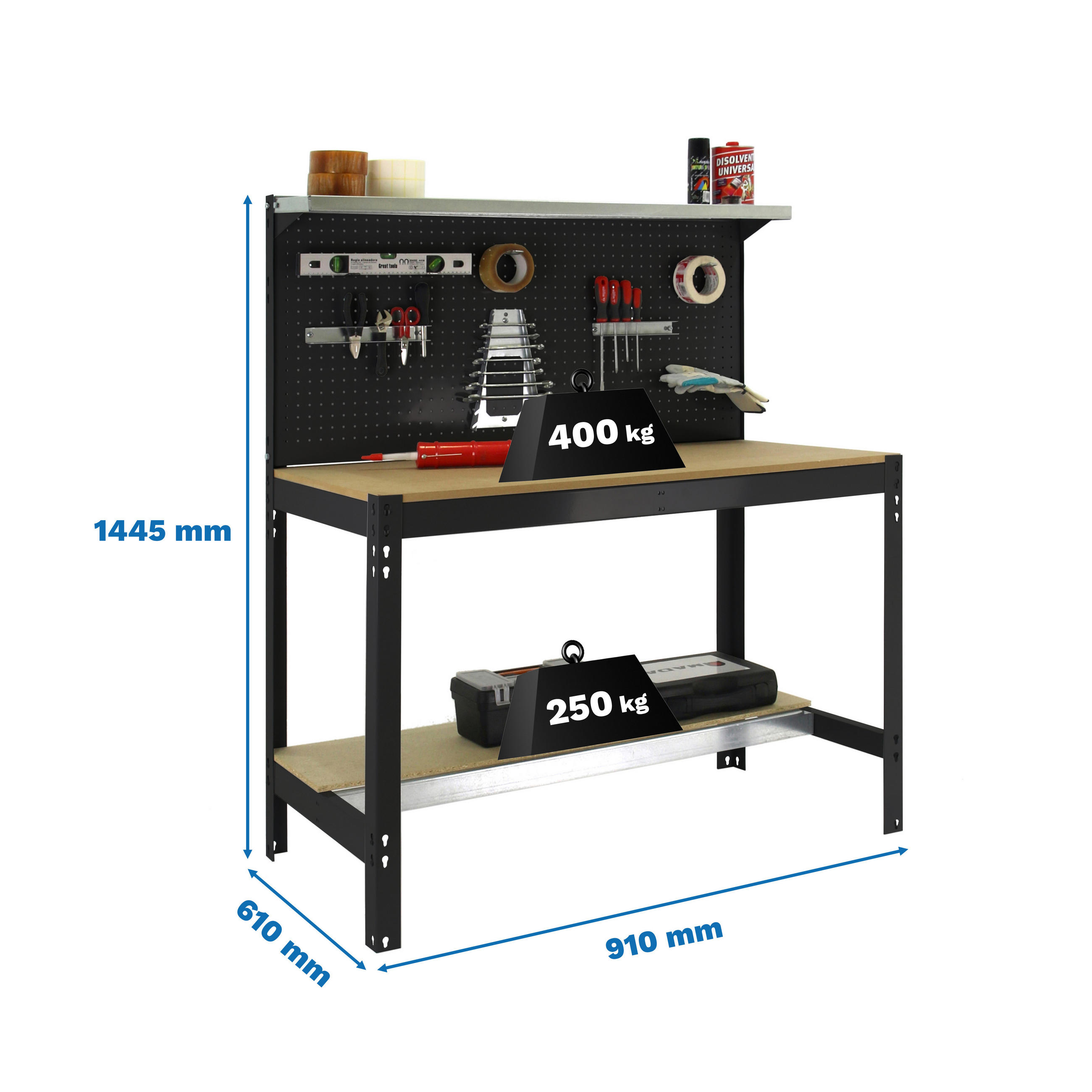WERKBANK BUFFALO mit Werkzeugwand und Ablage | HxBxT 84x90x61cm | Traglast 400kg | Anthrazit - Anthrazit, Metall (90/84/61cm) - PROREGAL