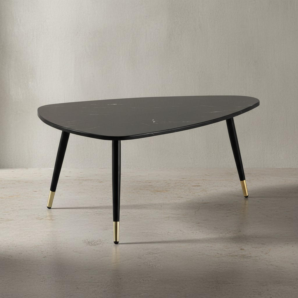 COUCHTISCH mit Marmor Optik, Dreibein, Metall-Gestell, Dreieckig, Schwarz 90x60x41 cm - Schwarz, Holzwerkstoff/Metall (60/90/41cm) - KADIMA DESIGN