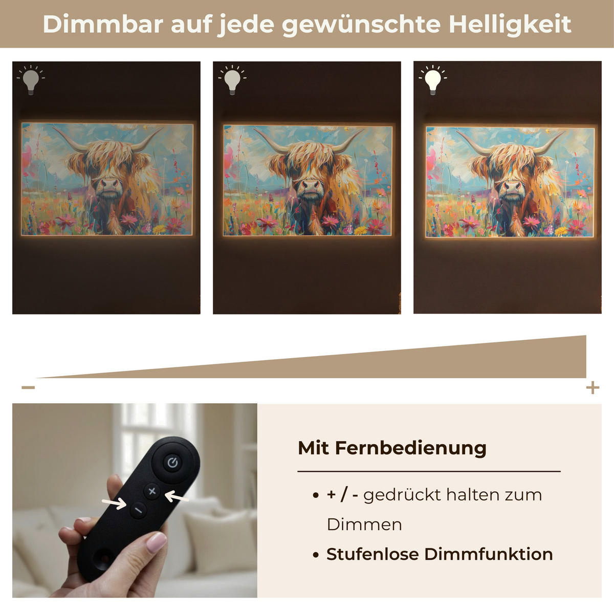 NÁSTĚNNÁ LAMPA S AKUMULÁTOREM Skotský horal - Příroda - Barevné - Květiny 90x60 cm - různobarevná, kompozitní dřevo (90/60/8cm) - OnlyWow