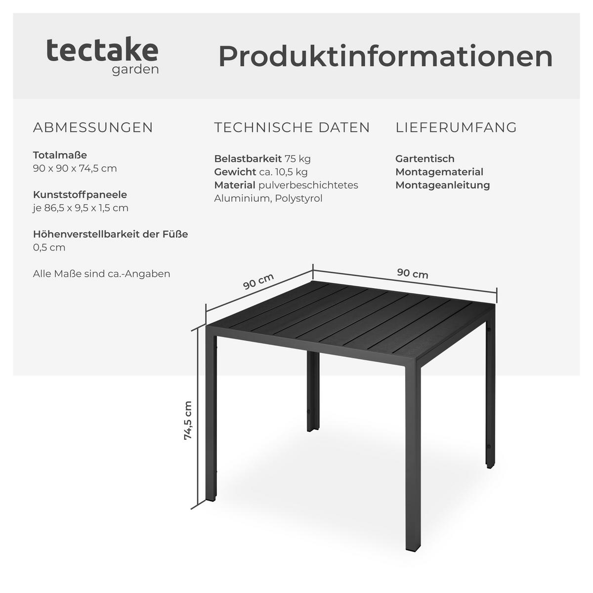 GARTENTISCH Maren,90 x 90 x 74,5 cm,schwarz - Schwarz, Metall (90/90/74.5cm) - tectake