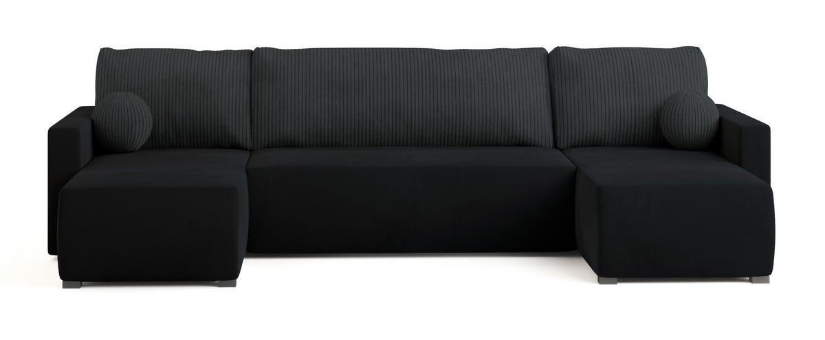 WOHNLANDSCHAFT TESSUN Schwarz Plüsch-Stoff mit Schlaffunktion - Schwarz, Holz (286/85/143cm) - MASSENO