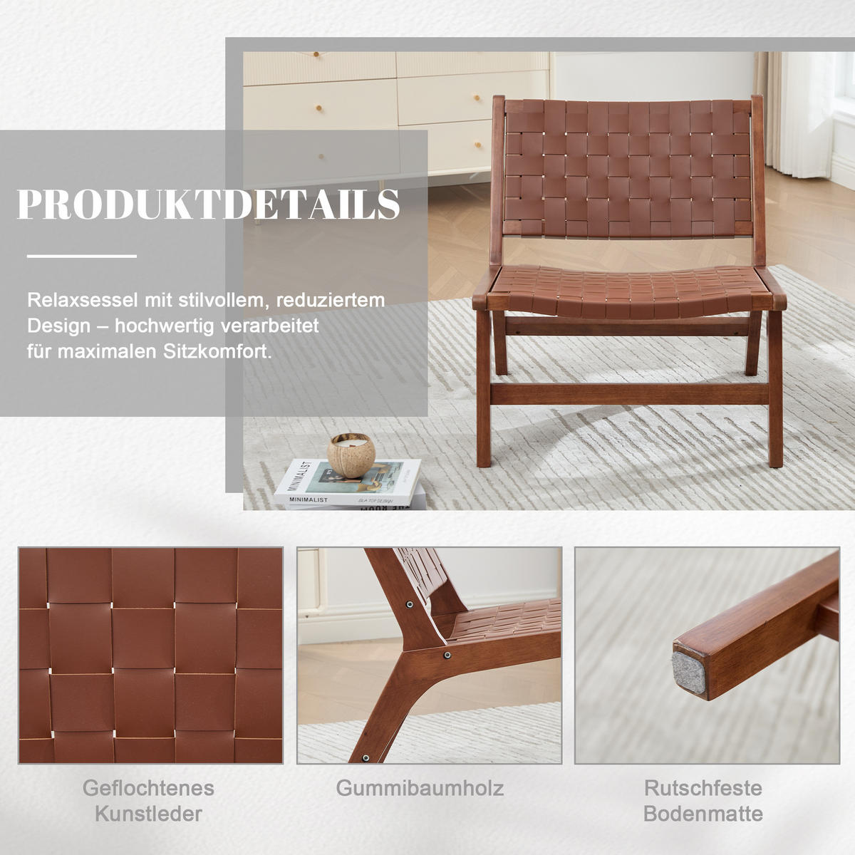 RELAXSESSEL mit Holzgestell, Kunstleder Flechtwerk, Breite Sitzfläche, Braun - Braun, Holz (66/72/71cm) - LVHOM