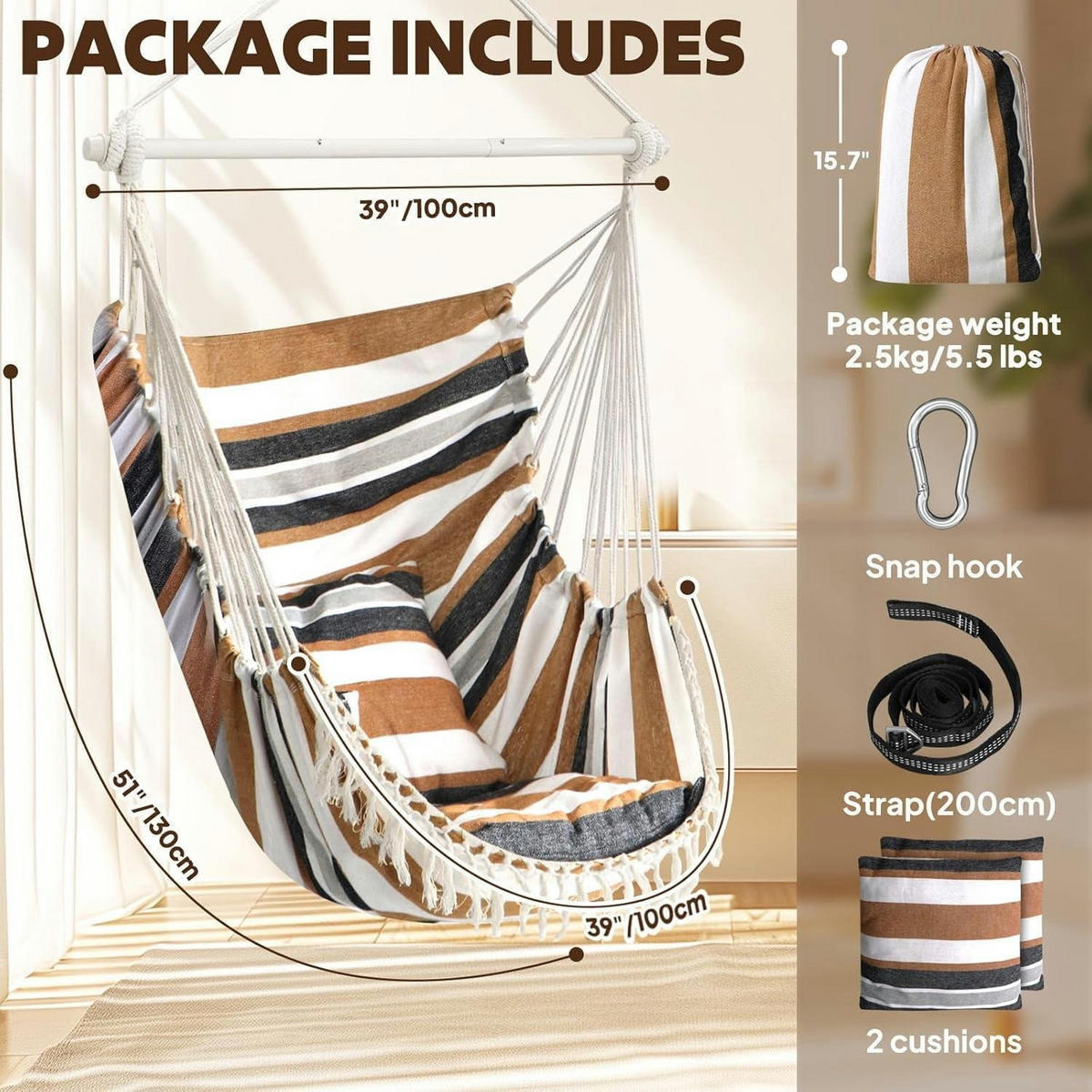 HÄNGESESSEL Braun Gestreift mit 2 Kissen und Stahl-Spreizstange - Multicolor, Textil (100/2.5/130cm)