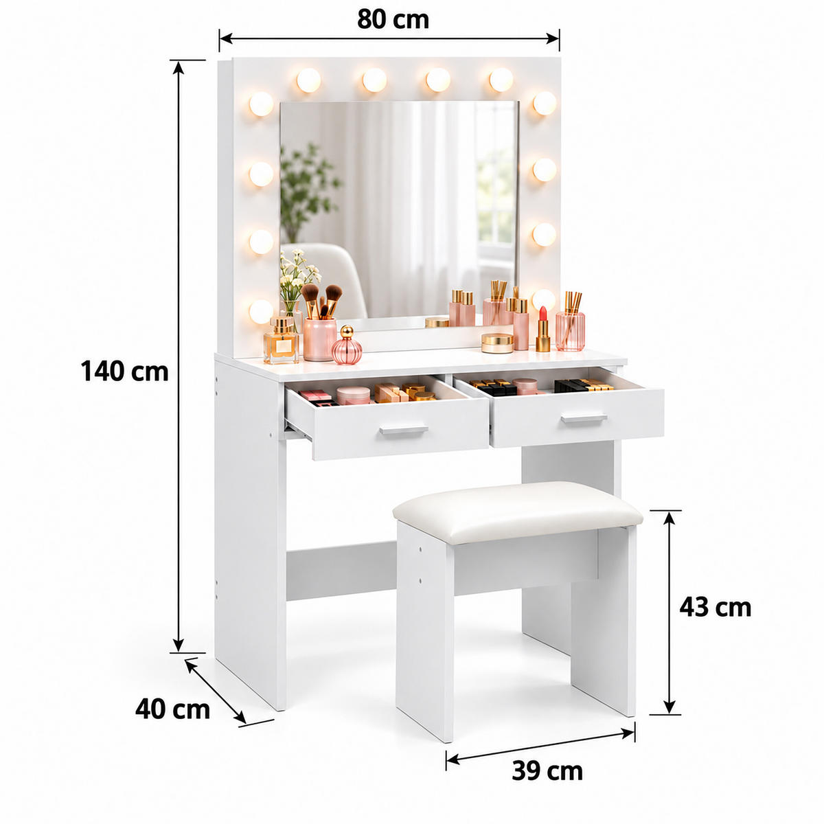MASA-TOALETĂ albă cu taburet oglindă LED - alb, sticlă/compozit lemnos (80/140/40cm) - Relaxdays