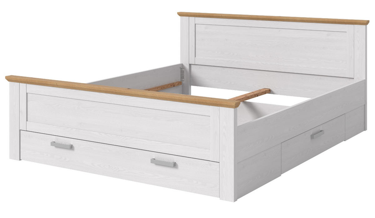 BETT weiß Lärche, Eiche Artisan Landhaus Liegefläche 180 x 200 cm, Doppelbett mit 3 Bettschubkästen - Eichefarben/Weiß, Holzwerkstoff/Metall (180/200cm) - Inn.Furn