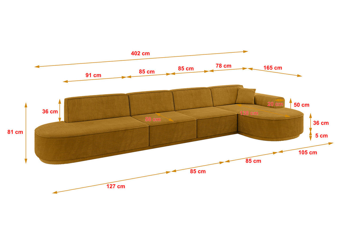 ECKSOFA Ottomane Rechts MARI-L3 - 402x163x81 cm Senfgelb Cord - Gelb/Schwarz, Holzwerkstoff/Kunststoff (402/163cm) - ALTDECOR