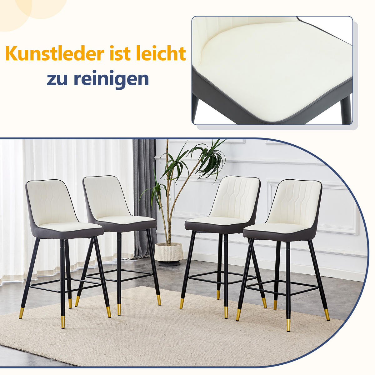 BARHOCKER 2er-Set Weiß & Dunkelgrau mit PU-Leder Rückenlehne und Fußstütze - Dunkelgrau, Metall (42/100/45cm) - PANGIVO