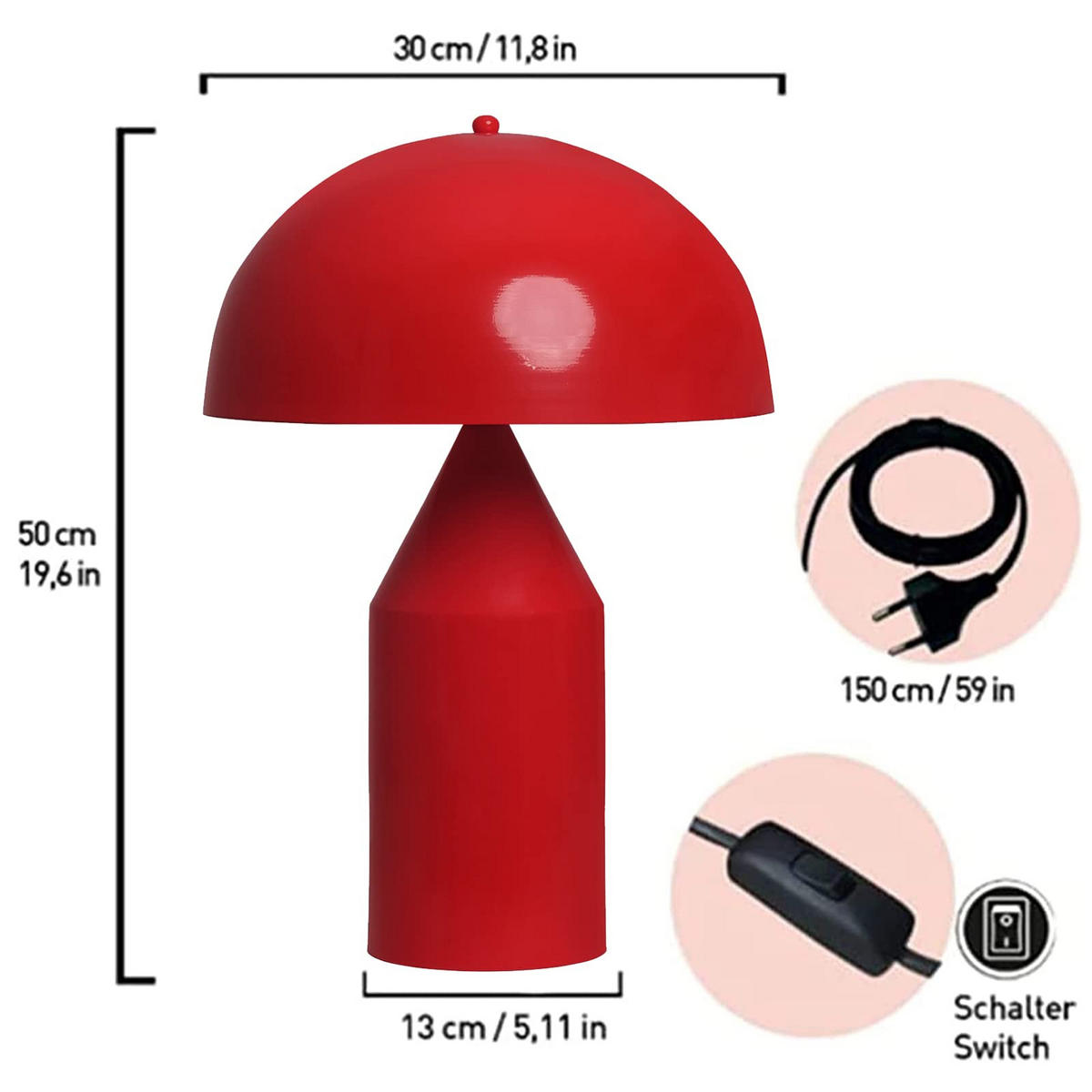 TISCHLEUCHTE Pilzlampen 50/30 - Rot, Metall (30/50cm) - Bamyum