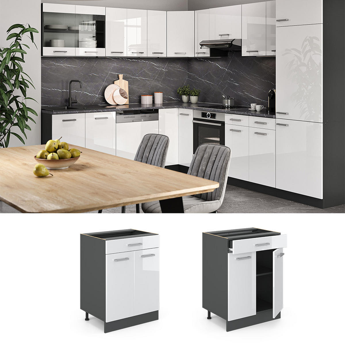 KÜCHENUNTERSCHRANK R-Line Weiß Hochglanz 80 cm, AP Eiche - Weiß Hochglanz/Anthrazit, Holzwerkstoff (60/81.6/60cm) - Vicco