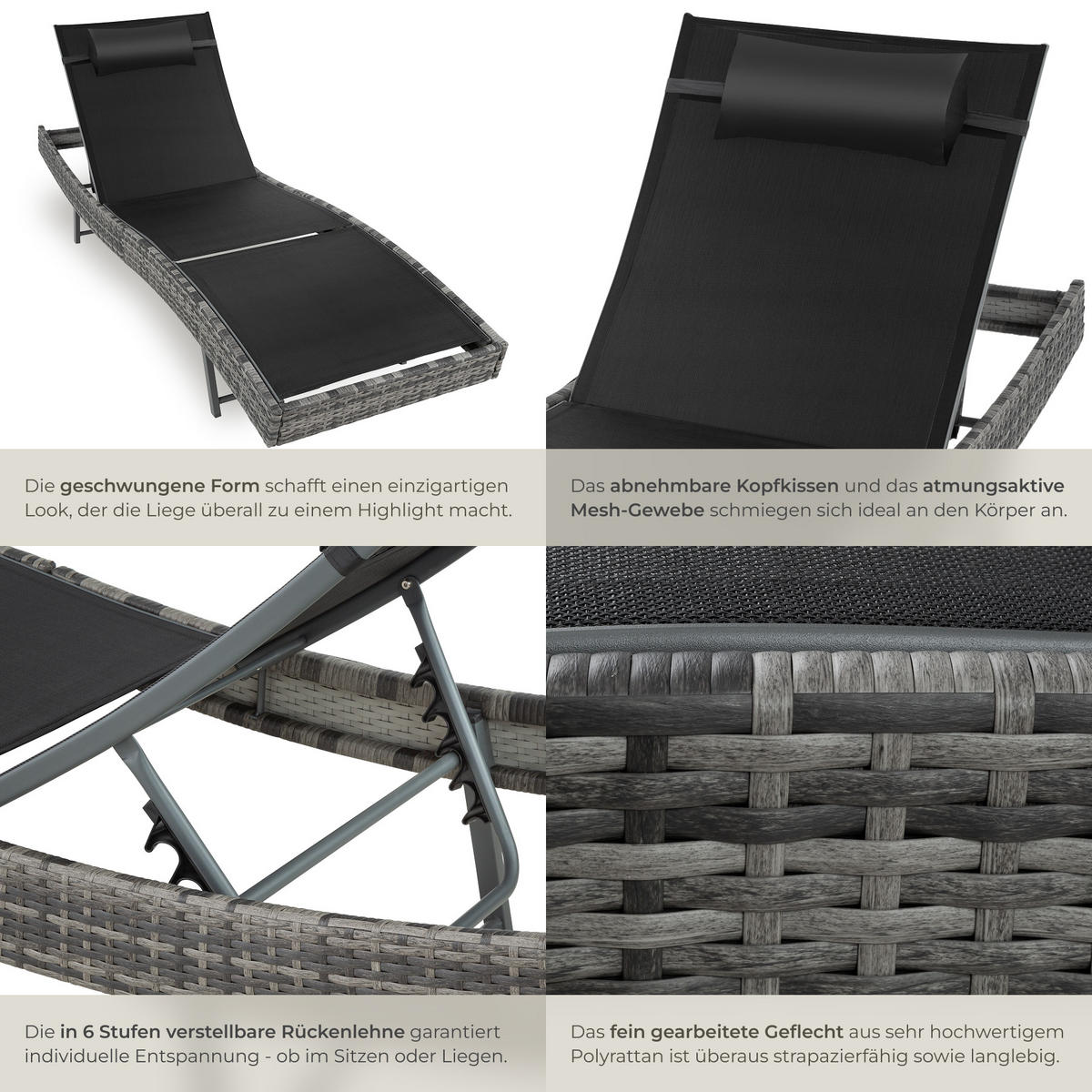 RATTAN-SONNENLIEGE Moana,69 x 211 x 41 - 94 cm,grau-meliert - Grau, Kunststoff (69/94/211cm) - tectake