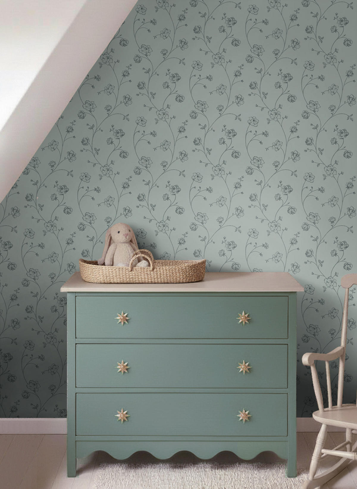 TAPETE Toile de Jouy Rosen 53 cm x 10.05 m - Grün, Papier (53/1000cm) - ESTAhome