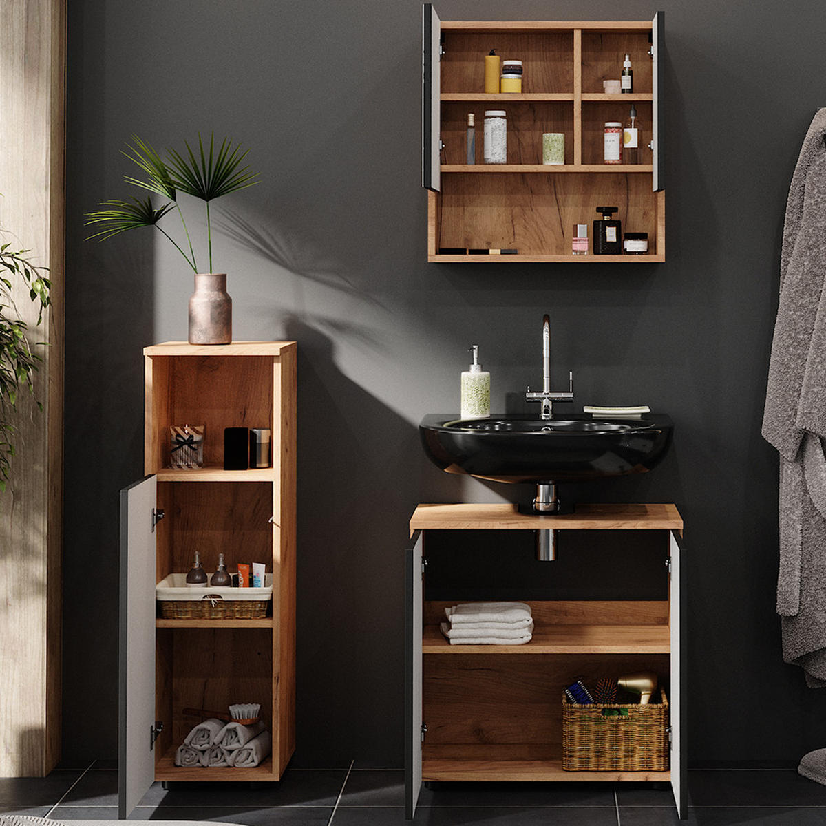 BADMÖBEL-SET Irma Anthrazit gepunktet 3 Teile - Honigeiche/Anthrazit, Holzwerkstoff (80/58.6/41cm) - Vicco