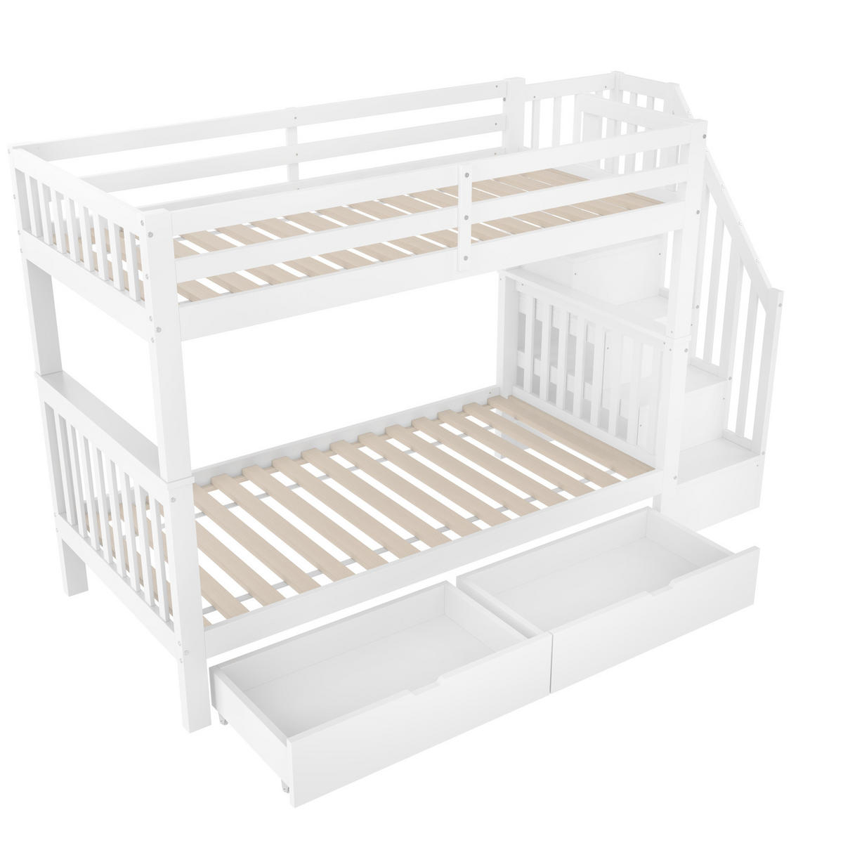 ETAGENBETT 90/200 cm in Weiß mit Treppenregal und 2 Schubladen - Weiß, Holz (90/200cm) - BEAOK