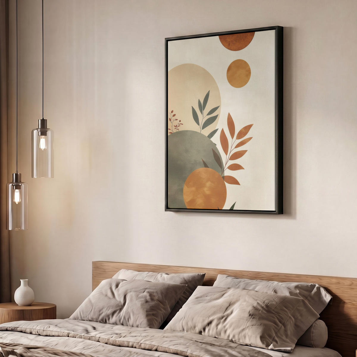 LEINWAND Bilder mit Rahmen - Formen - Rund - Blätter - Beige - 50x70 - Rostfarben, Textil (50/70cm) - MuchoWow