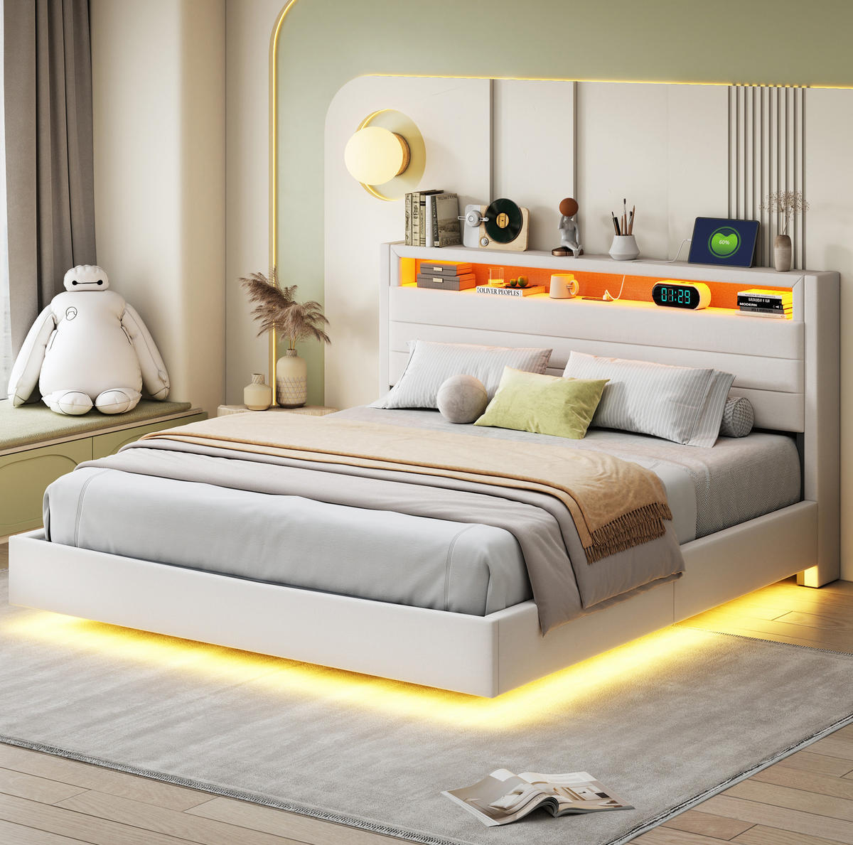 ČALÚNENÁ posteľ z ľanu 160x200 cm béžová s USB, LED osvetlením, hydraulickým úložným priestorom a otočným čelom - béžová, textil (160/200cm) - Modfu