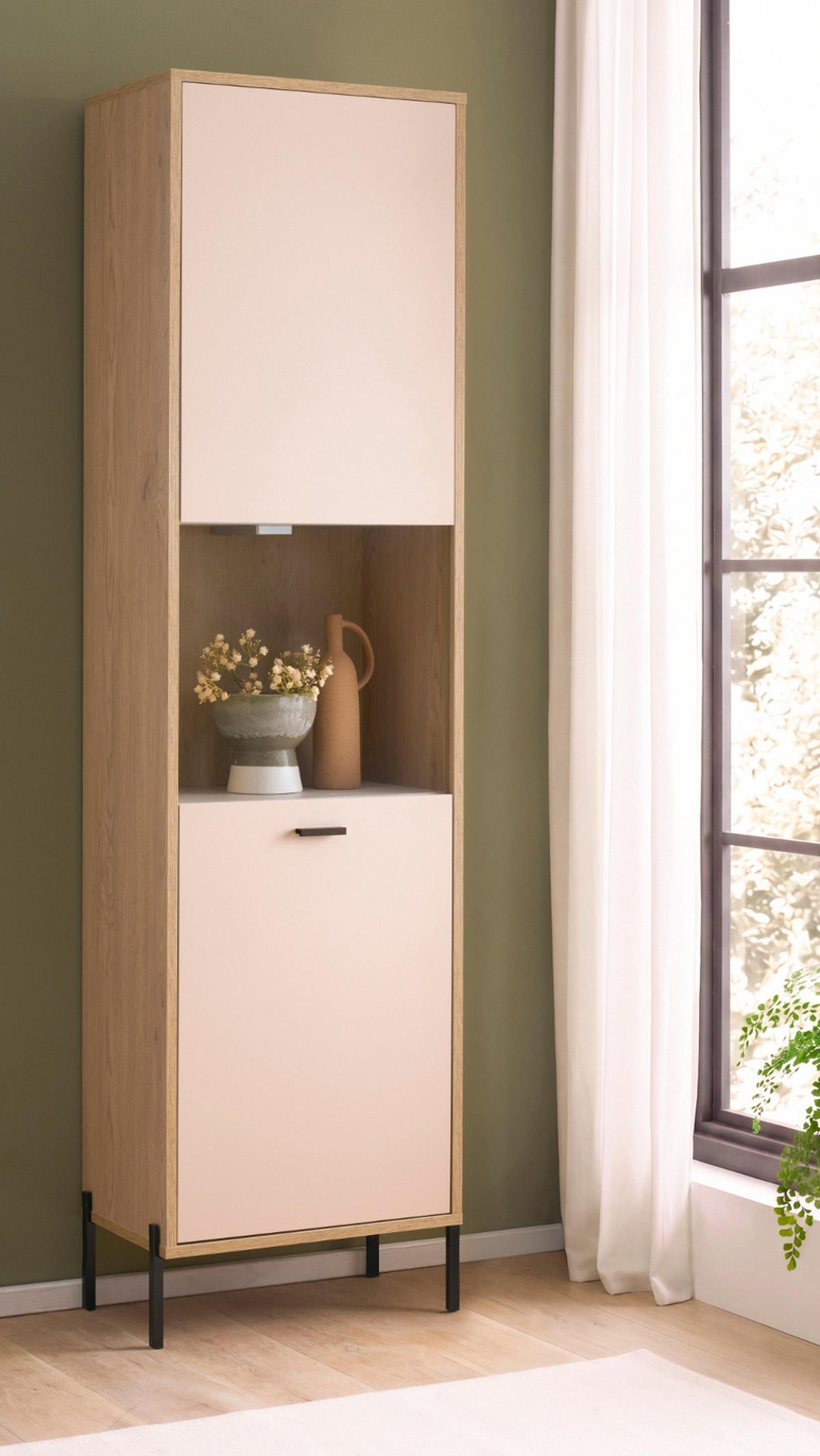 VITRINE Kaschmir, Eiche 54 x 204 cm, VITRINEnschrank mit Soft-Close - Kaschmir/Eichefarben, Glas/Holzwerkstoff (54/204/35cm) - Furn.Design