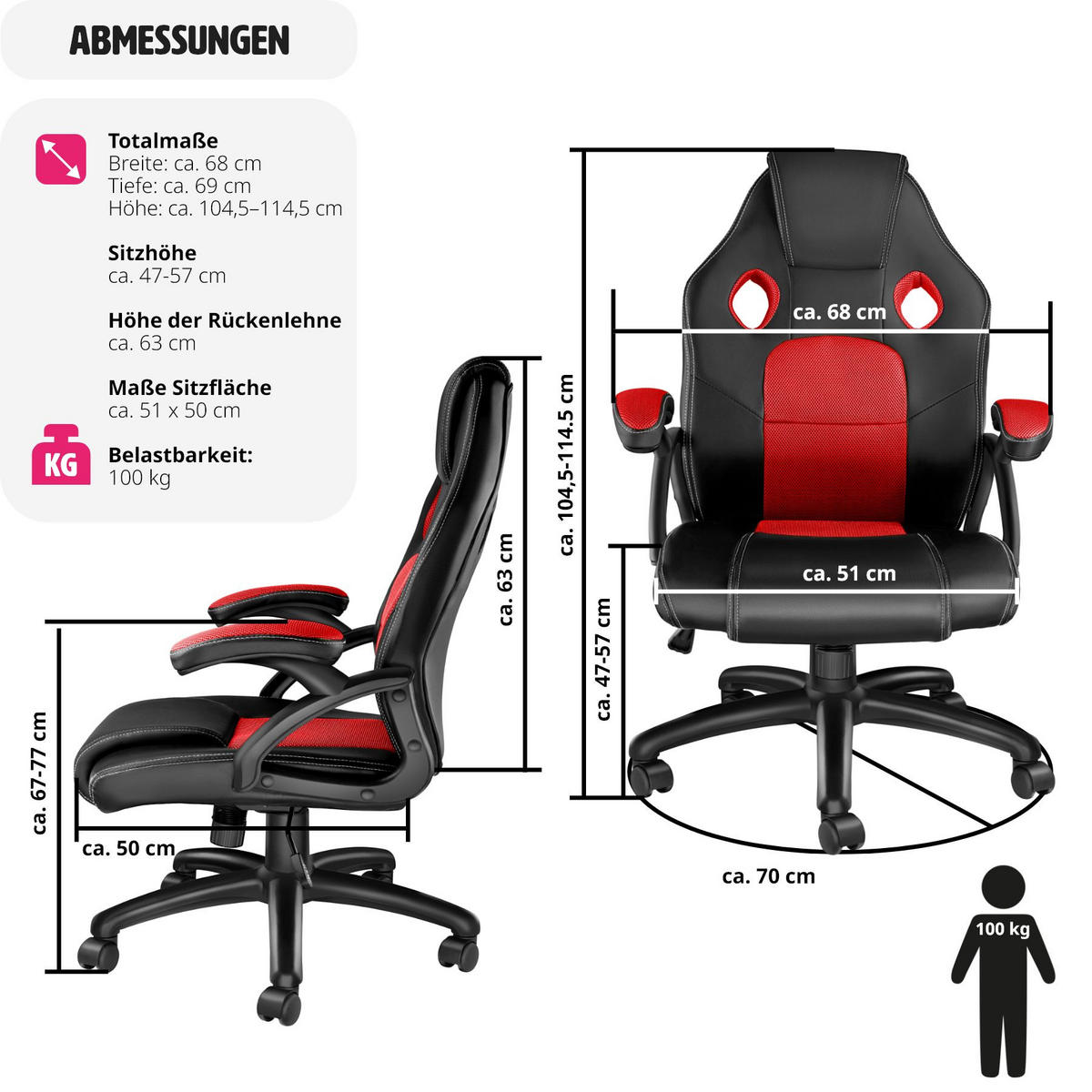 BÜROSTUHL Mike,stufenlos höhenverstellbar,schwarz/rot - Rot/Schwarz, Leder (68/114.5/69cm) - tectake