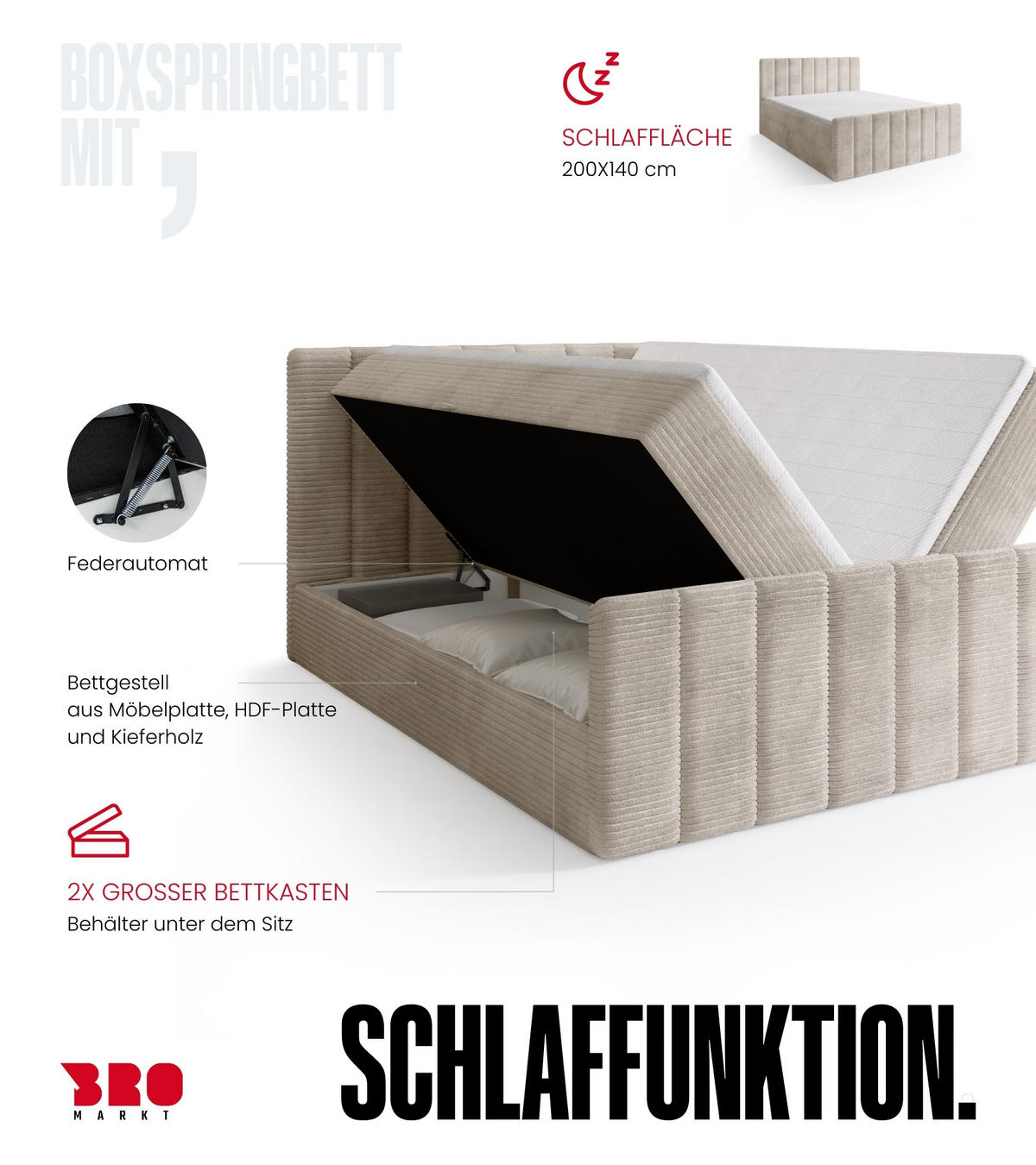 BOXSPRINGBETT Denver DUO mit Topper 140x200 Vanilla - Weiß, Textil (140/200cm) - Bromarkt