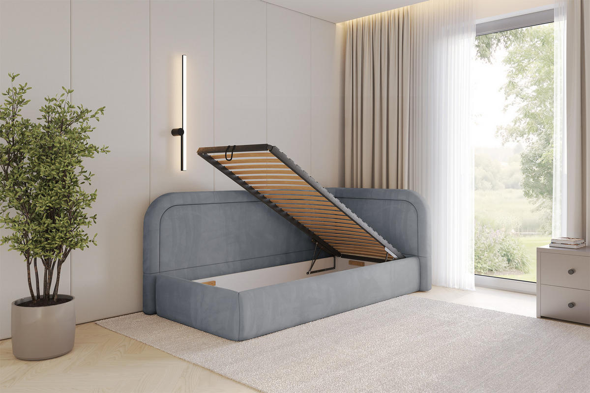 EINZELLBETT Jugendbett mit Bettkasten, Links - JOVY 80x200 Grau - Grau, Holzwerkstoff/Textil (80/200cm) - ALTDECOR