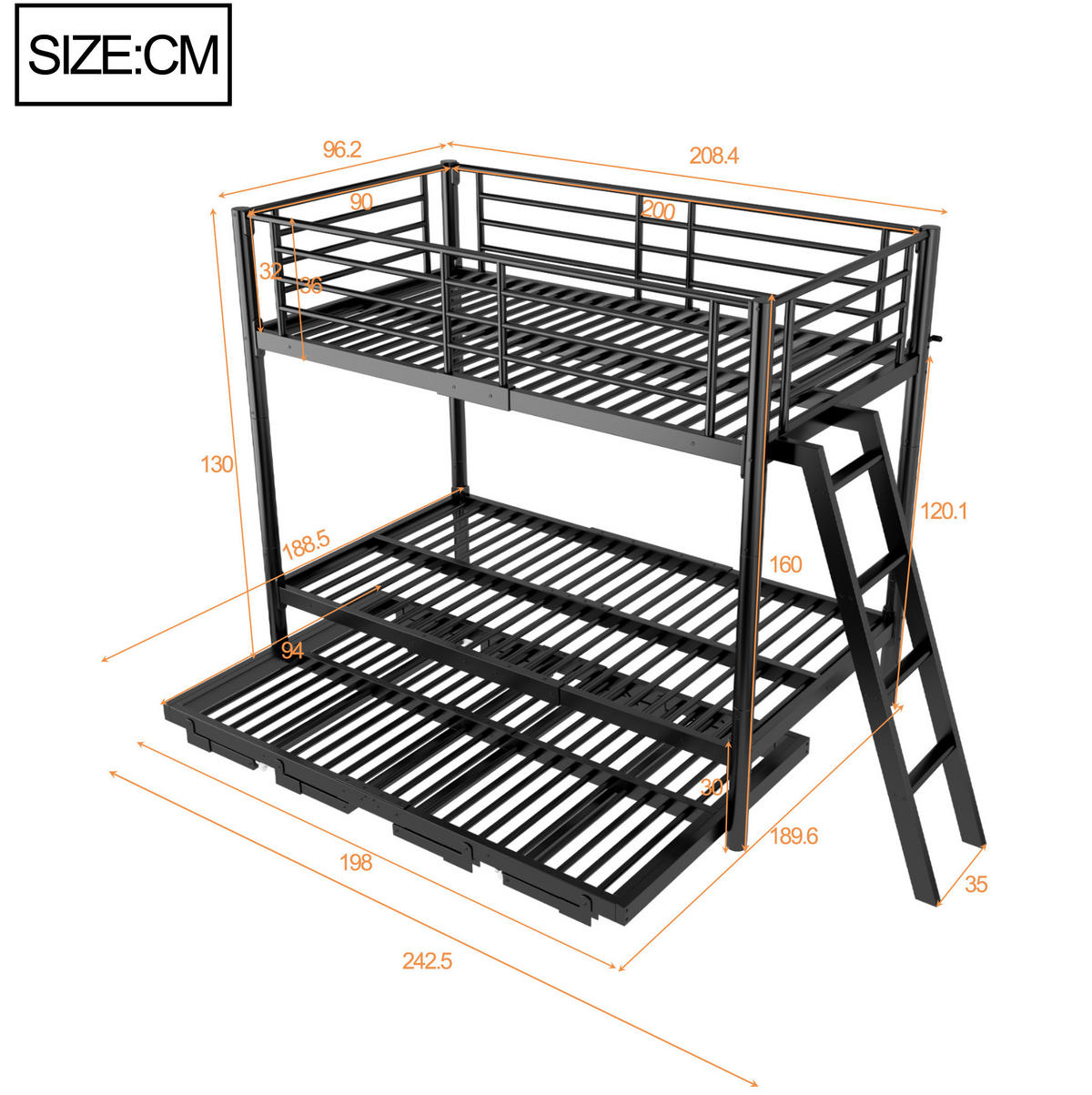 ETAGENBETT aus Metall 90x200 cm Schwarz mit ausziehbarem Unterbett - Schwarz, Metall (90/200cm) - Modfu