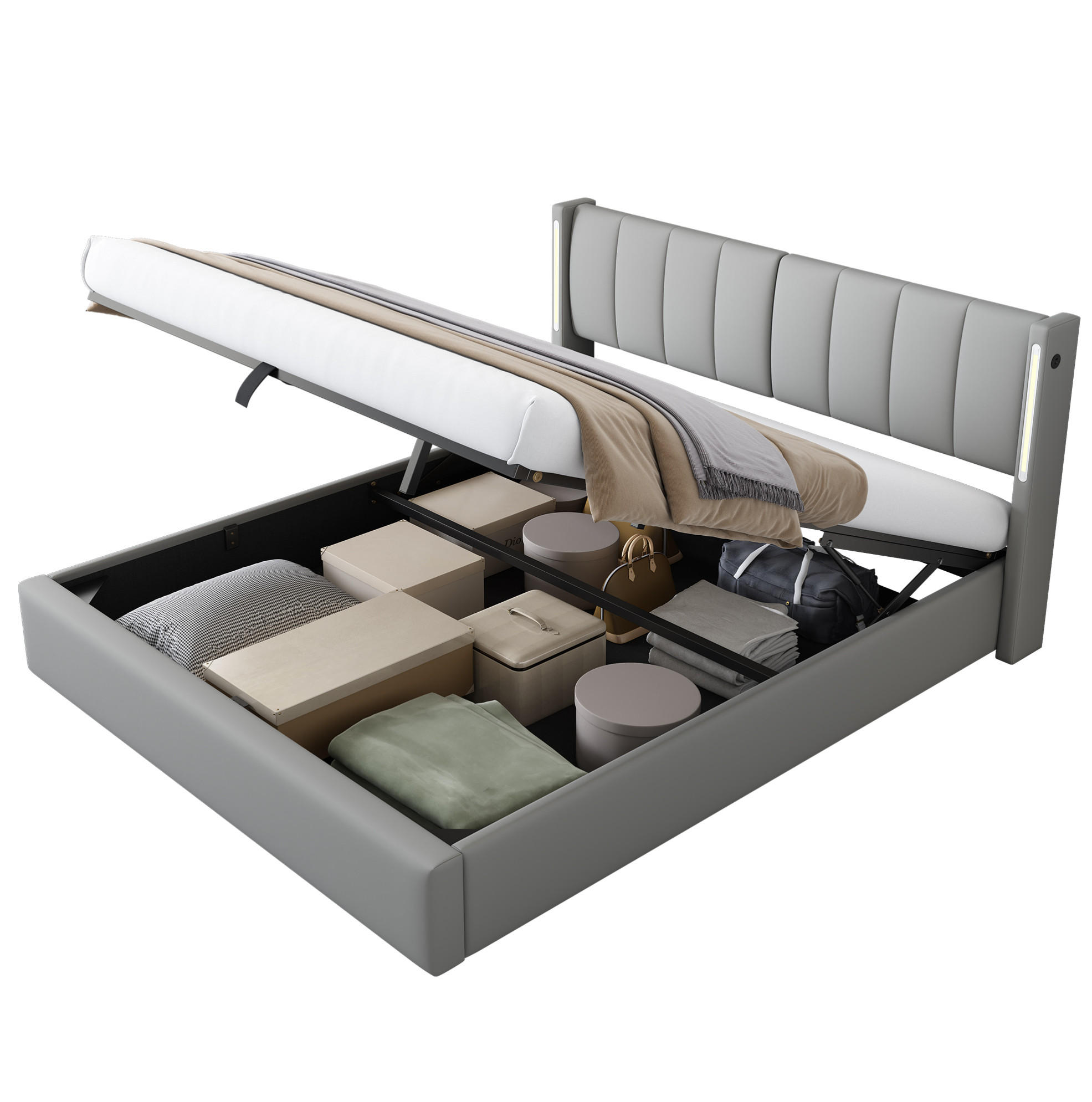 BETT mit Stauraum, LED und USB 140x200 cm PU Grau - Grau, Metall (140/200cm) - Meubliv