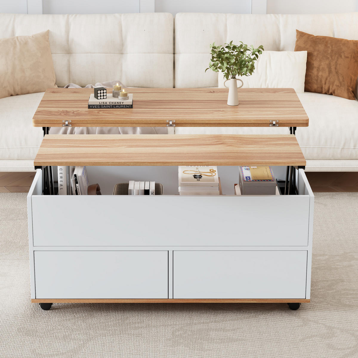 COUCHTISCH höhenverstellbar 100 x 98 x 65 cm Weiß Holzoptik mit Stauraum - Weiß, Holzwerkstoff (100/98/65cm) - Meubliv