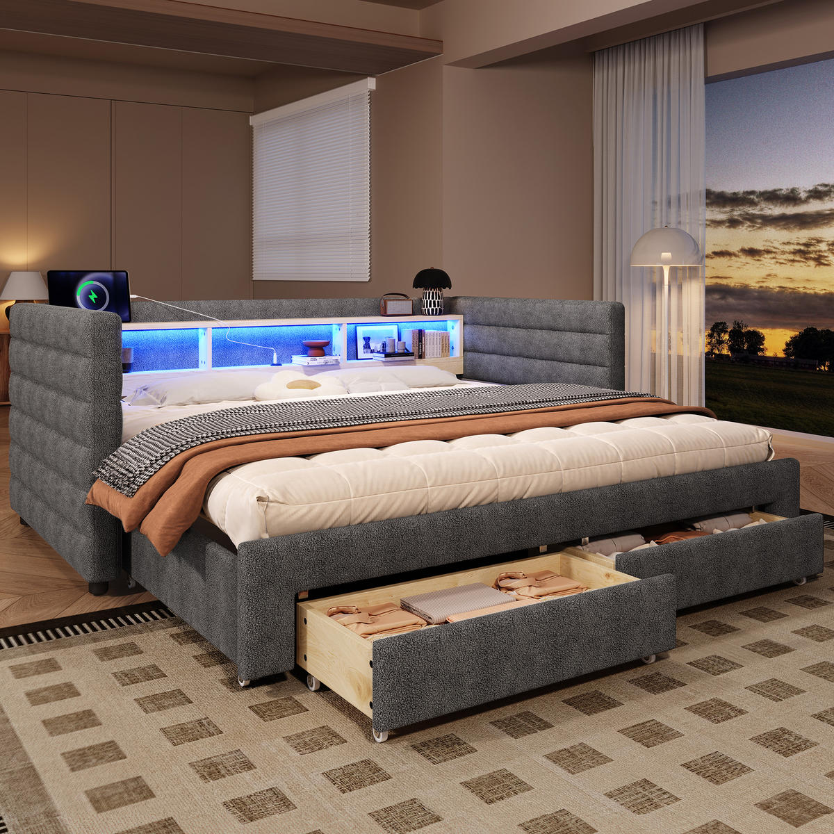 TAGEBETT 90x190cm Grau Samt Ausziehbett 2 Schubladen USB-C LED-Licht - Grau, Holz (90/190cm) - FLIEKS