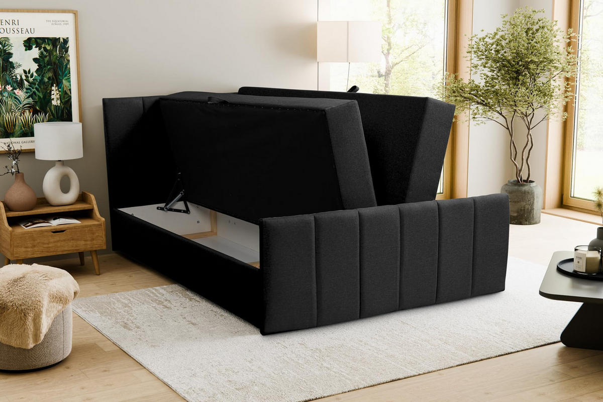 BOXBETT CLAUDINE mit 2 Bettkästen, 180x200, Farbe: Schwarz, Velourstoff, mit Bonell-Matratze inkl. Topper - Schwarz, Holz/Kunststoff (180/200cm) - VENASI MÖBEL