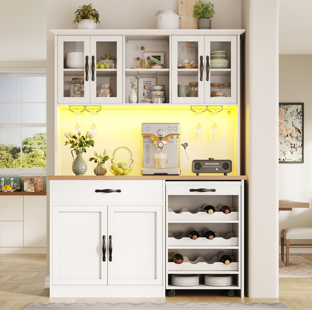 KÜCHENSCHRANK mit Rollwagen und LED 140 x 38 x 180 cm MDF Weiß - Weiß, Holzwerkstoff (38/180/140cm) - Meubliv
