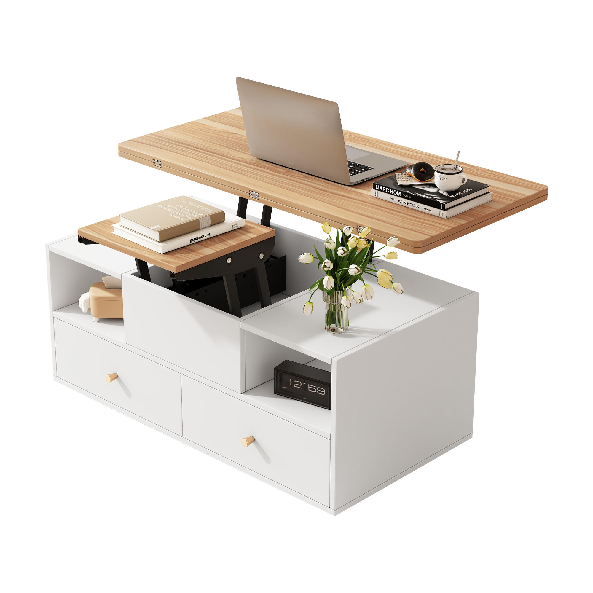 COUCHTISCH, höhenverstellbar & klappbar, 4 Schubladen, MDF mit Walnussplatte, 100/50/47,5–62 cm,Naturfarben - Naturfarben, Holzwerkstoff (100/50/47.5cm) - Redom