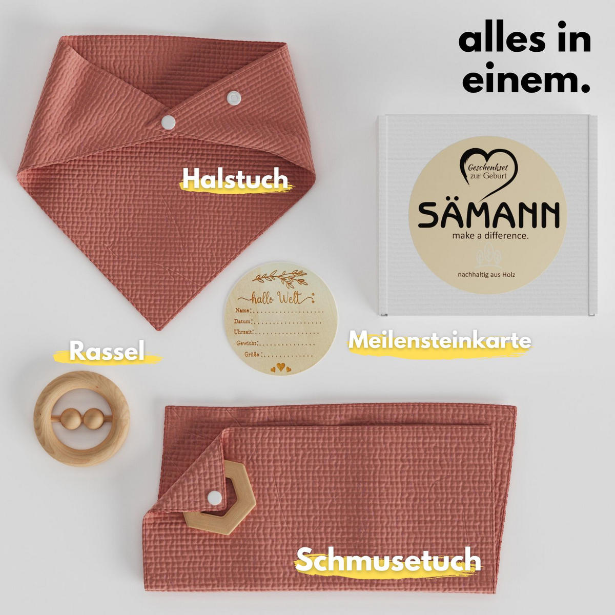BABY Geschenkset 4-tlg. zur Geburt mit Halstuch, Rassel, Karte, Schmusetuch rostrot - Rot, Textil (10/10cm) - Sämann – make a difference.