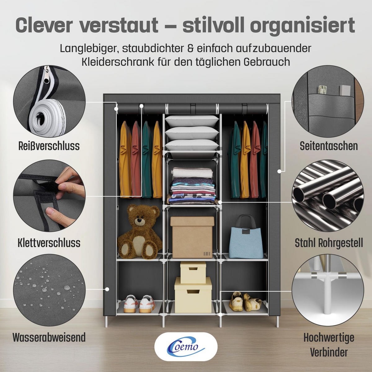 STOFFSCHRANK Kleiderschrank, 2 Kleiderstangen, 130/45/175 cm, Farbe: Grau - Grau, Textil (45/175/130cm) - Coemo