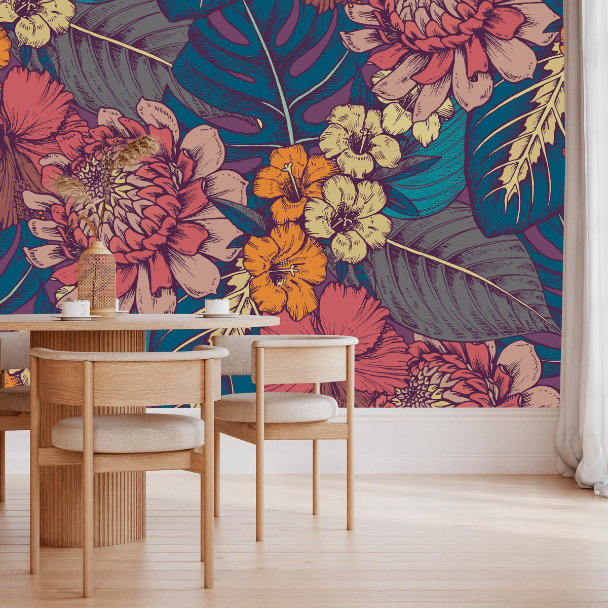 FOTOTAPETE für Schlafzimmer Retro Bunte Blätter Blumen Pflanzen 200x140 - Türkis/Blau, Papier (200/140cm) - Muralo