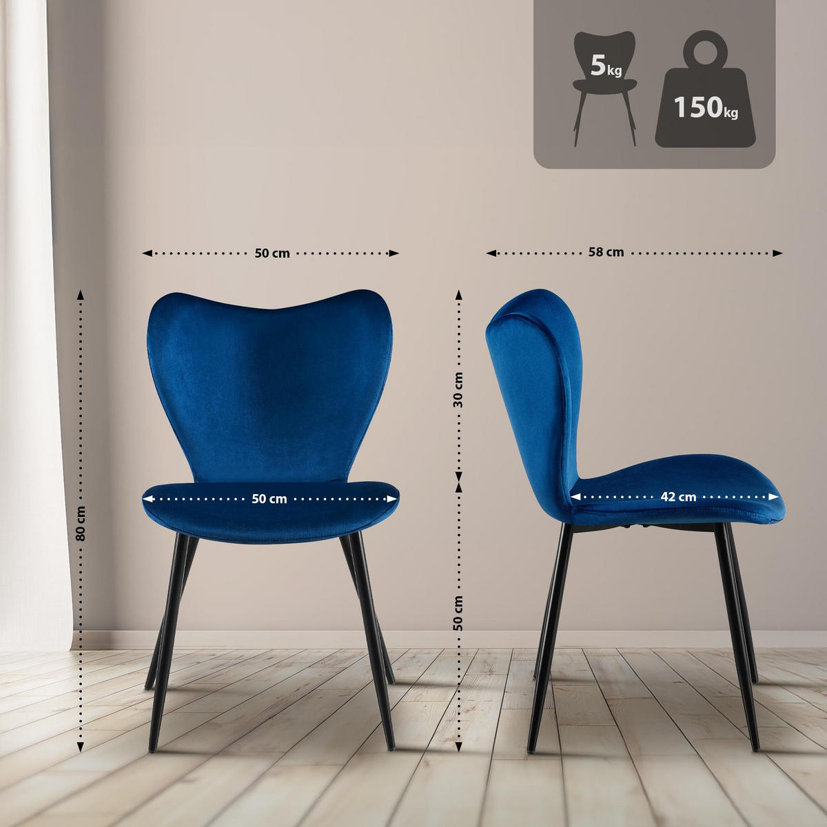 ESSZIMMERSTUHL Samt Dunkelblau - Schwarz/Dunkelblau, Textil/Metall (50/80/58cm) - CLP