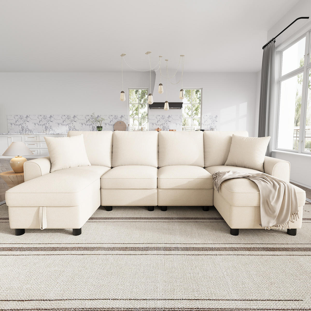 ECKSOFA U-Form 280/137/84 cm Beige mit 2 Chaiselongues als Ecksofa und aufklappbarem Stauraum - Beige, Textil (137/84/280cm) - Oxeza