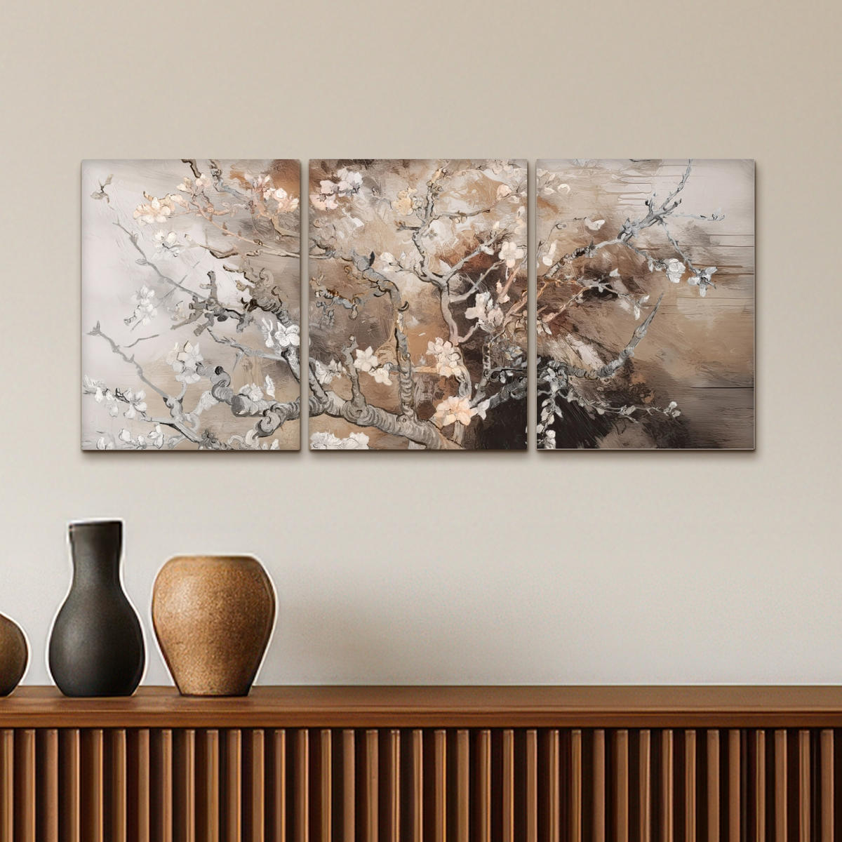 LEINWANDBILD 3er Set Mandelblüte - Abstrakt - Beige 90x40 cm - Beige, Textil (90/40cm) - MuchoWow