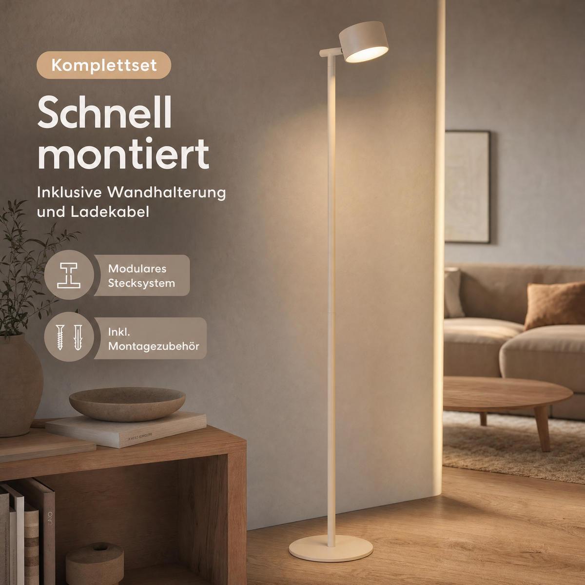 LED-AKKU-STEHLEUCHTE 3 in 1 Schwarz Beige bis zu 120 cm Metall - Beige, Metall (16/16/120cm) - Northpoint
