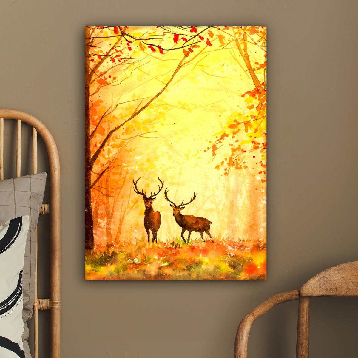 LEINWANDBILD Natur - Ölfarbe - Hirsche - Tiere - Herbst - Orange 60x80 cm - Orange, Textil (60/80cm) - MuchoWow