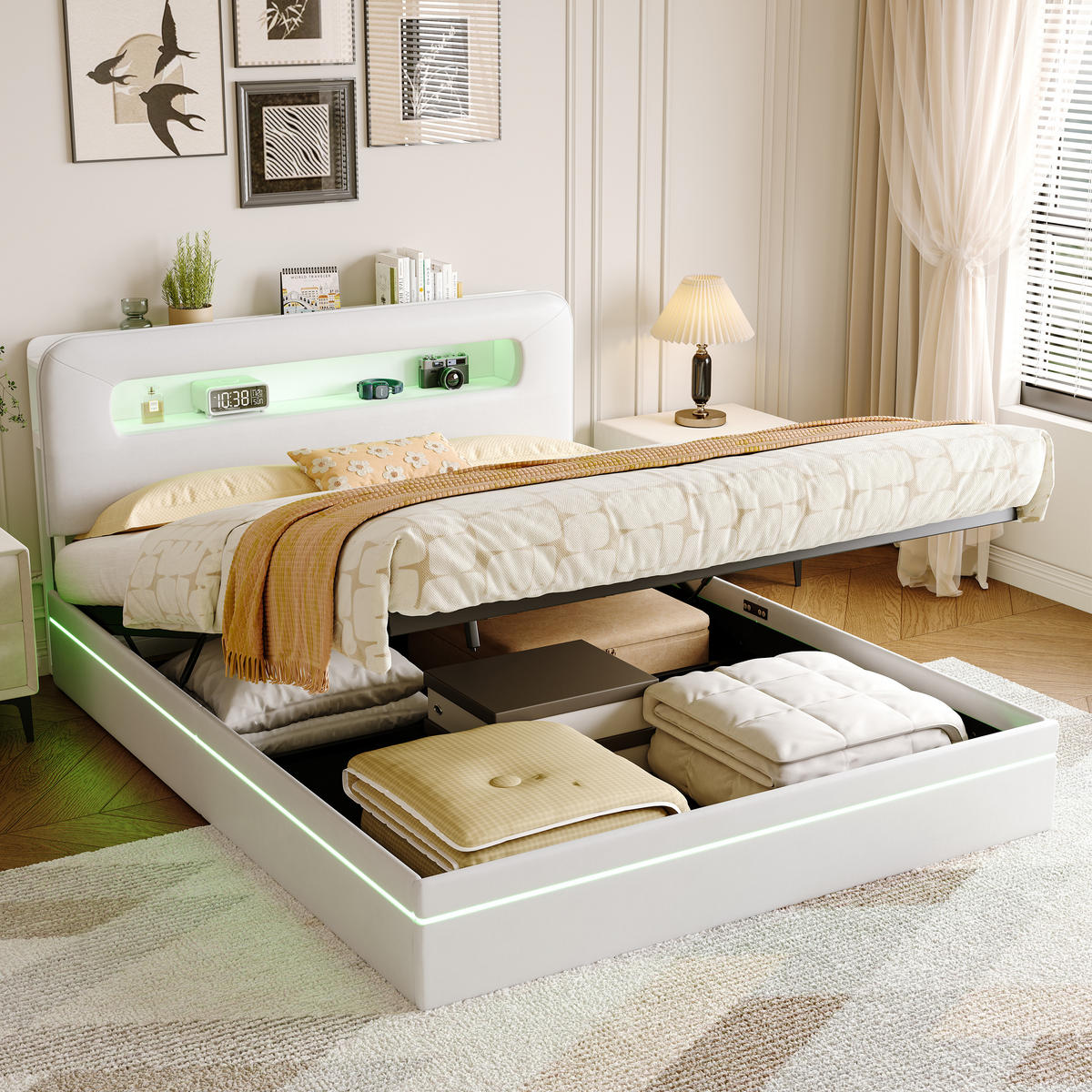 POLSTERBETT 140x200 cm LED Stauraum Lattenrost Ablagefach Samt beige - Weiß, Holz (140/200cm) - LEBENLANG
