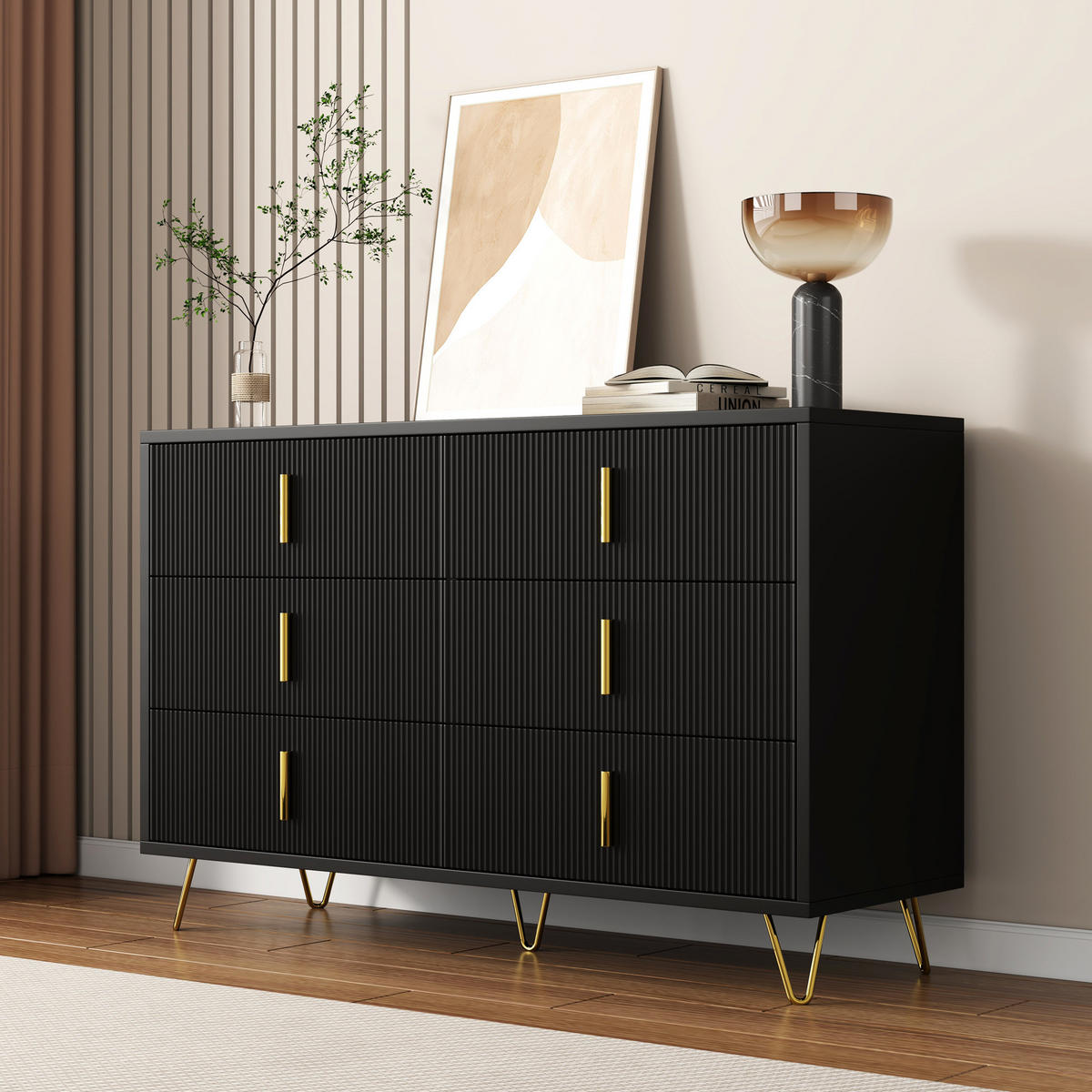 KOMMODE 120/40/77 cm in Schwarz/Gold mit 6 Schubladen - Schwarz, Holzwerkstoff (120/77/40cm) - Flora Grace